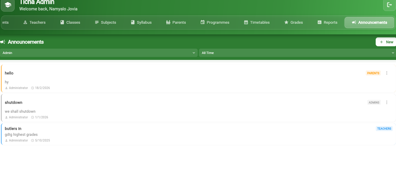 Ticha SmartSchool announcements and communication screen
